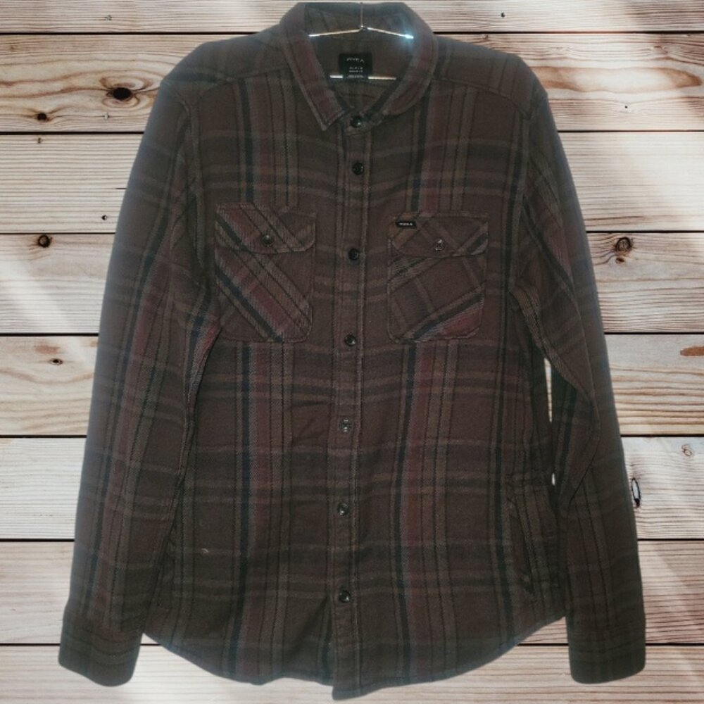 RVCA Flannel Men's MEDIUM Button Up Long Sleeve - Side Pockets - Brown - Grey